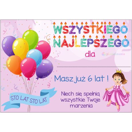 Dyplom urodzinowy dziewczynka 6 lat - wzór nr 1